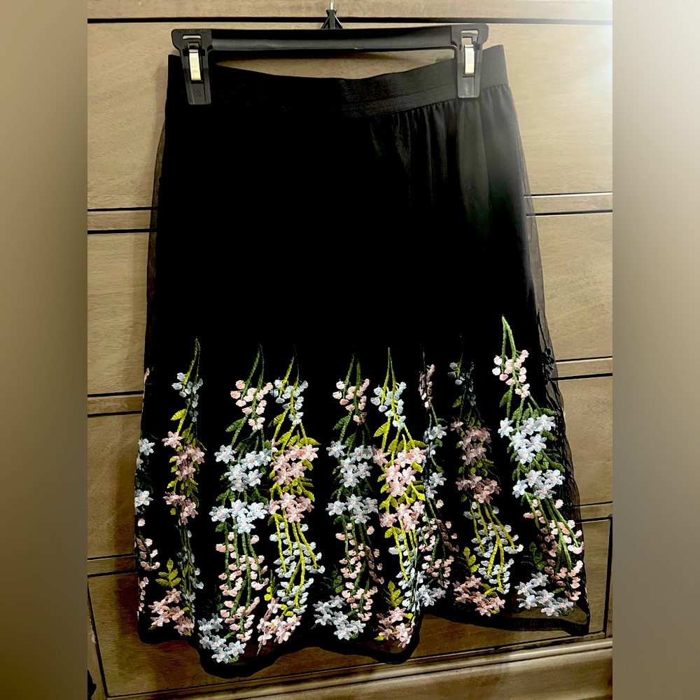 Over Kleshas Black soft Tulle Skirt with embroidered flowers